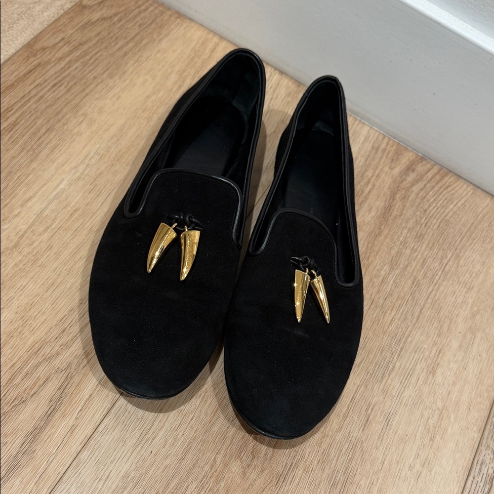 Giuseppe Zanotti Black Suede Loafers Gold Tusk Accent 41